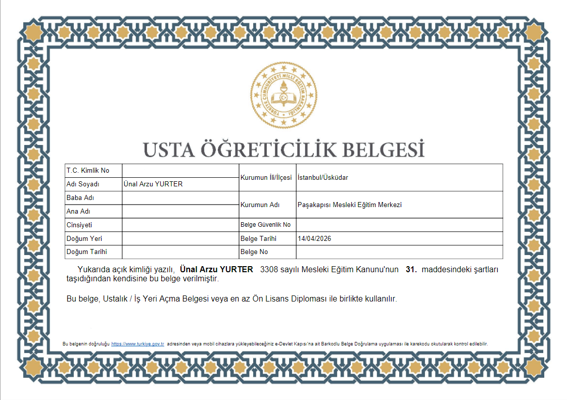 Ustal Öğreticilik Belgesi